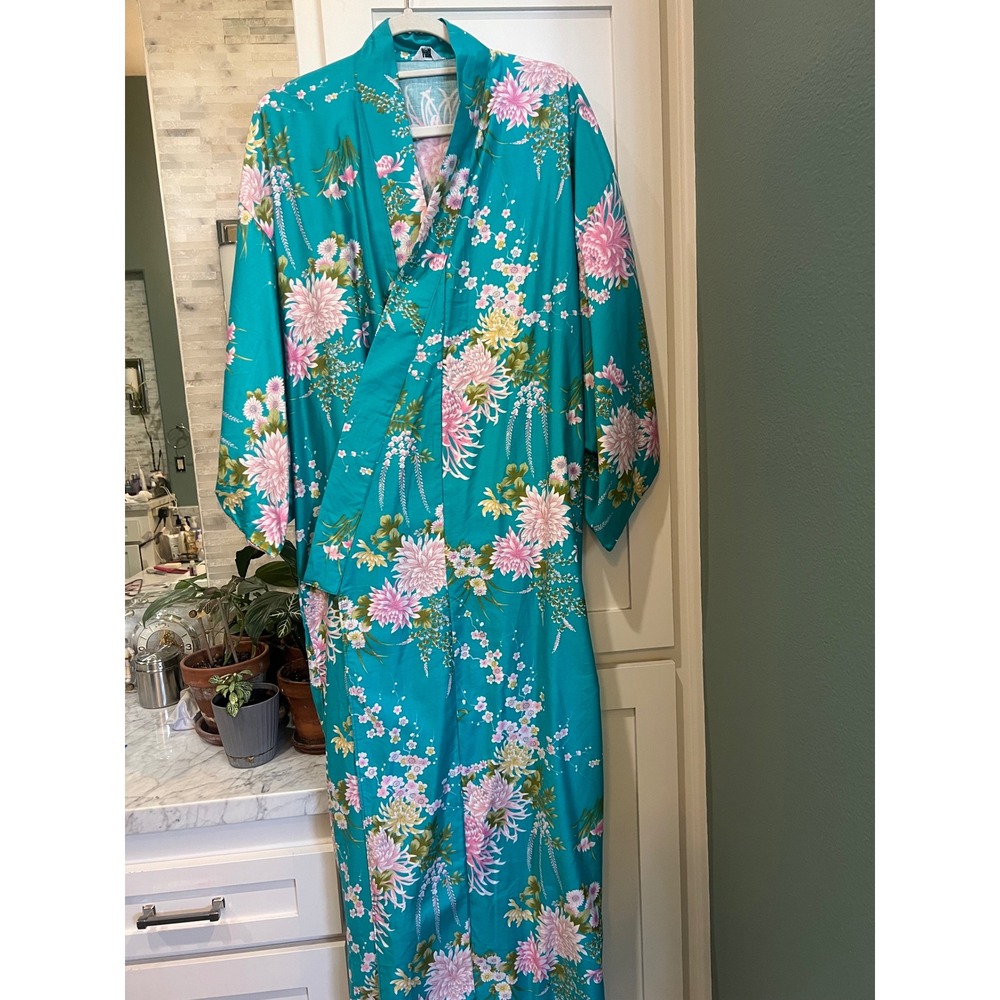 Vintage Japanese Cotton Kimono Robe Teal Pink Floral Chrysanthemum Yukata Japan - Picture 4 of 9